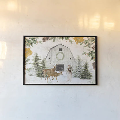 Wooded Holiday I Gold by Katie Pertiet. shown as a paper print in a black flame. Available as a archival giclee rolled canvas, fine art paper, or poster print. SKU 57733i.