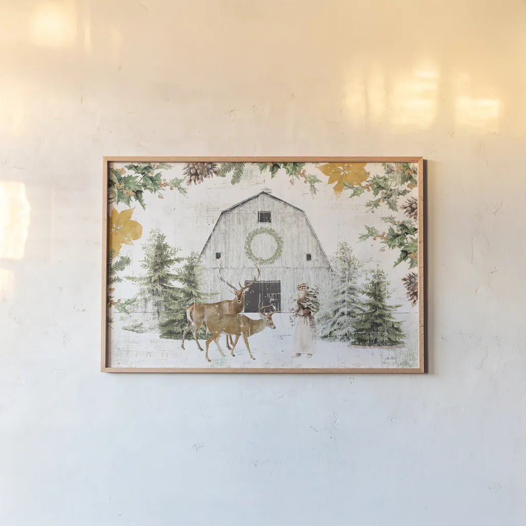Wooded Holiday I Gold by Katie Pertiet. shown as a paper print in a natural frame. Available as a archival giclee rolled canvas, fine art paper, or poster print. SKU 57733i.