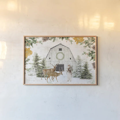 Wooded Holiday I Gold by Katie Pertiet. shown as a paper print in a natural frame. Available as a archival giclee rolled canvas, fine art paper, or poster print. SKU 57733i.