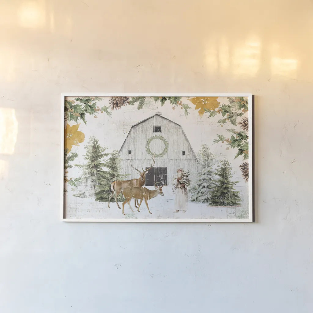 Wooded Holiday I Gold by Katie Pertiet. shown as a paper print in a white frame. Available as a archival giclee rolled canvas, fine art paper, or poster print. SKU 57733i.