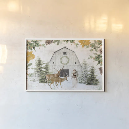 Wooded Holiday I Gold by Katie Pertiet. shown as a paper print in a white frame. Available as a archival giclee rolled canvas, fine art paper, or poster print. SKU 57733i.