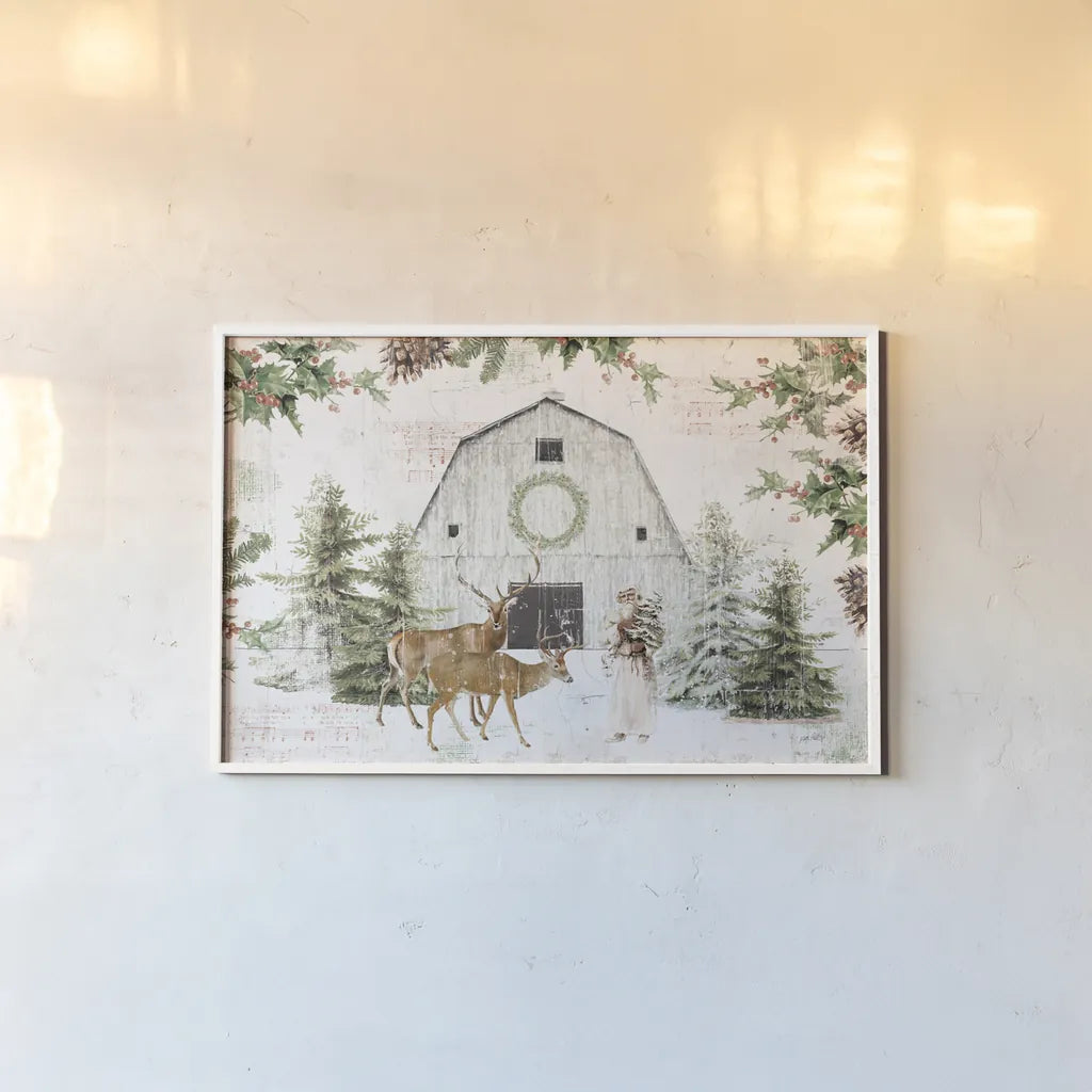 Wooded Holiday I No Poinsettias by Katie Pertiet. shown as a paper print in a white frame. Available as a archival giclee rolled canvas, fine art paper, or poster print. SKU 65651i.