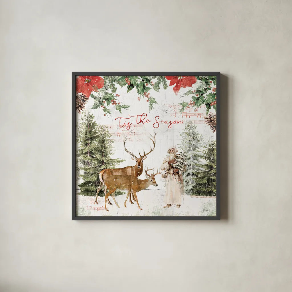 Wooded Holiday II by Katie Pertiet. Shown in a sleek black glass frame for a contemporary gallery look. Available as an archival giclee rolled canvas, fine art paper, or poster print. SKU 52256a.