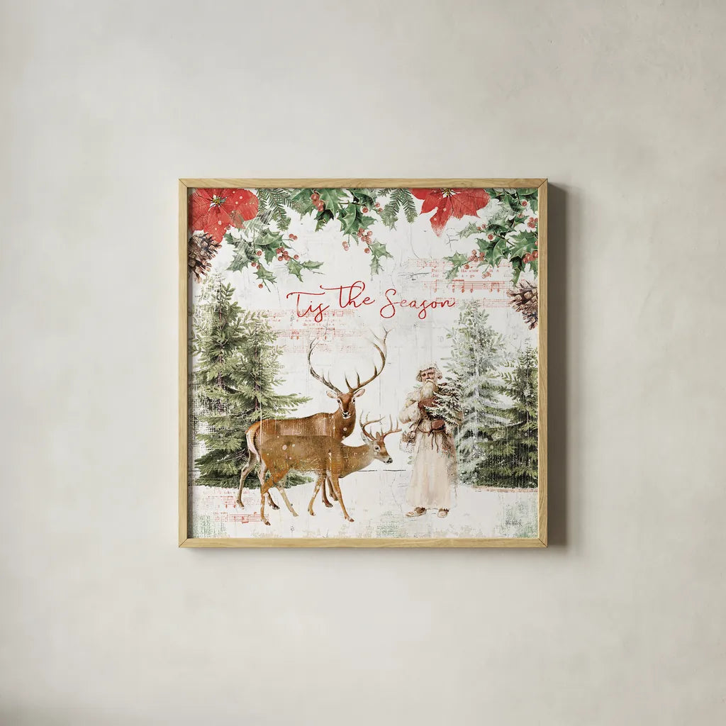 Wooded Holiday II by Katie Pertiet. Shown in a natural wood glass frame for a timeless modern aesthetic. Available as an archival giclee rolled canvas, fine art paper, or poster print. SKU 52256a.