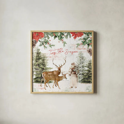 Wooded Holiday II by Katie Pertiet. Shown in a natural wood glass frame for a timeless modern aesthetic. Available as an archival giclee rolled canvas, fine art paper, or poster print. SKU 52256a.