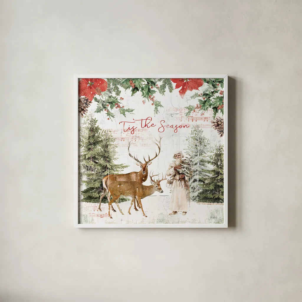 Wooded Holiday II by Katie Pertiet. Shown in a crisp white glass frame for a clean and minimalist style. Available as an archival giclee rolled canvas, fine art paper, or poster print. SKU 52256a.