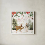 Wooded Holiday II by Katie Pertiet. Shown in a crisp white glass frame for a clean and minimalist style. Available as an archival giclee rolled canvas, fine art paper, or poster print. SKU 52256a.