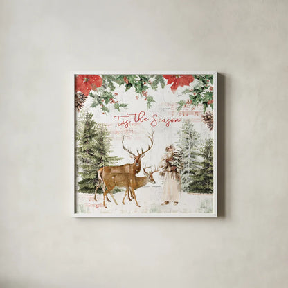 Wooded Holiday II by Katie Pertiet. Shown in a crisp white glass frame for a clean and minimalist style. Available as an archival giclee rolled canvas, fine art paper, or poster print. SKU 52256a.