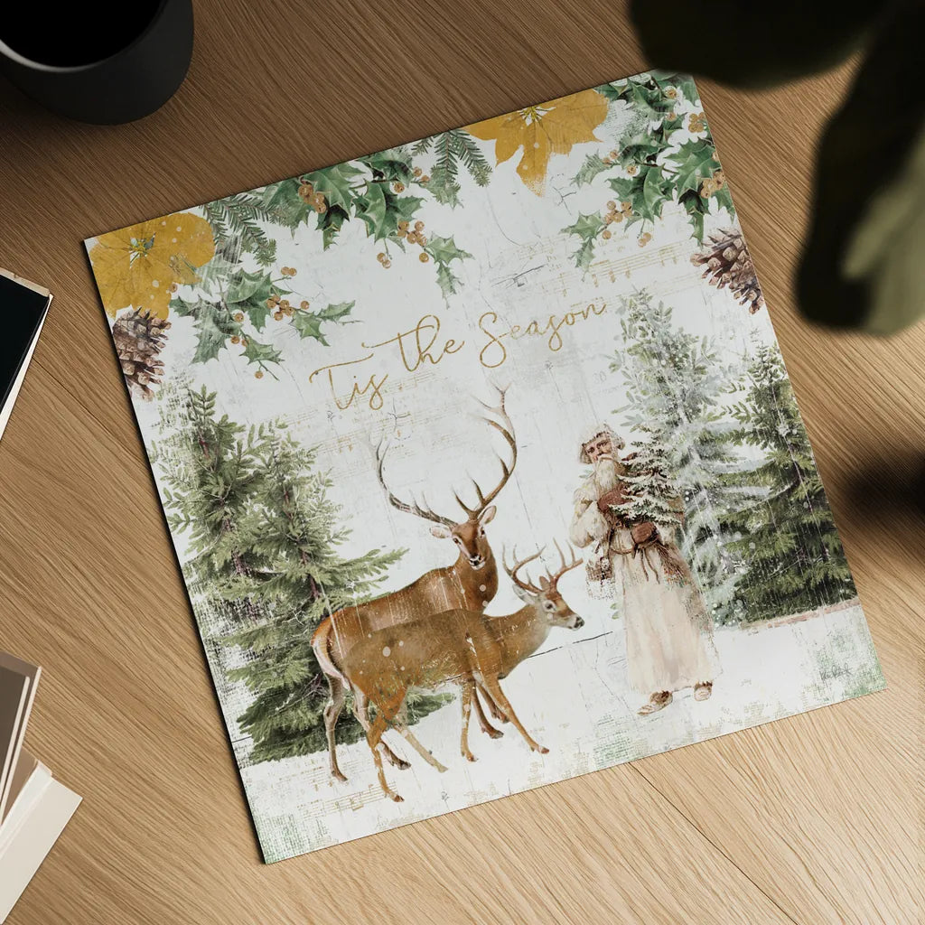 Wooded Holiday II Gold by Katie Pertiet. Shown as a detailed flat fine art print, highlighting archival giclee quality. Available as an archival giclee rolled canvas, fine art paper, or poster print. SKU 57734a.