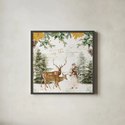 Wooded Holiday II Gold by Katie Pertiet. Shown in a sleek black glass frame for a contemporary gallery look. Available as an archival giclee rolled canvas, fine art paper, or poster print. SKU 57734a.