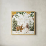 Wooded Holiday II Gold by Katie Pertiet. Shown in a natural wood glass frame for a timeless modern aesthetic. Available as an archival giclee rolled canvas, fine art paper, or poster print. SKU 57734a.