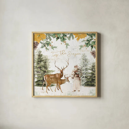 Wooded Holiday II Gold by Katie Pertiet. Shown in a natural wood glass frame for a timeless modern aesthetic. Available as an archival giclee rolled canvas, fine art paper, or poster print. SKU 57734a.