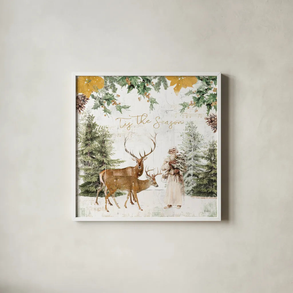 Wooded Holiday II Gold by Katie Pertiet. Shown in a crisp white glass frame for a clean and minimalist style. Available as an archival giclee rolled canvas, fine art paper, or poster print. SKU 57734a.