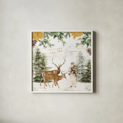 Wooded Holiday II Gold by Katie Pertiet. Shown in a crisp white glass frame for a clean and minimalist style. Available as an archival giclee rolled canvas, fine art paper, or poster print. SKU 57734a.