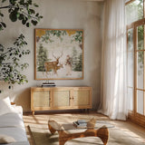 Wooded Holiday II Gold by Katie Pertiet. Shown in a natural wood frame in a cozy modern living room. Available as an archival giclee rolled canvas, fine art paper, or poster print. SKU 57734a.