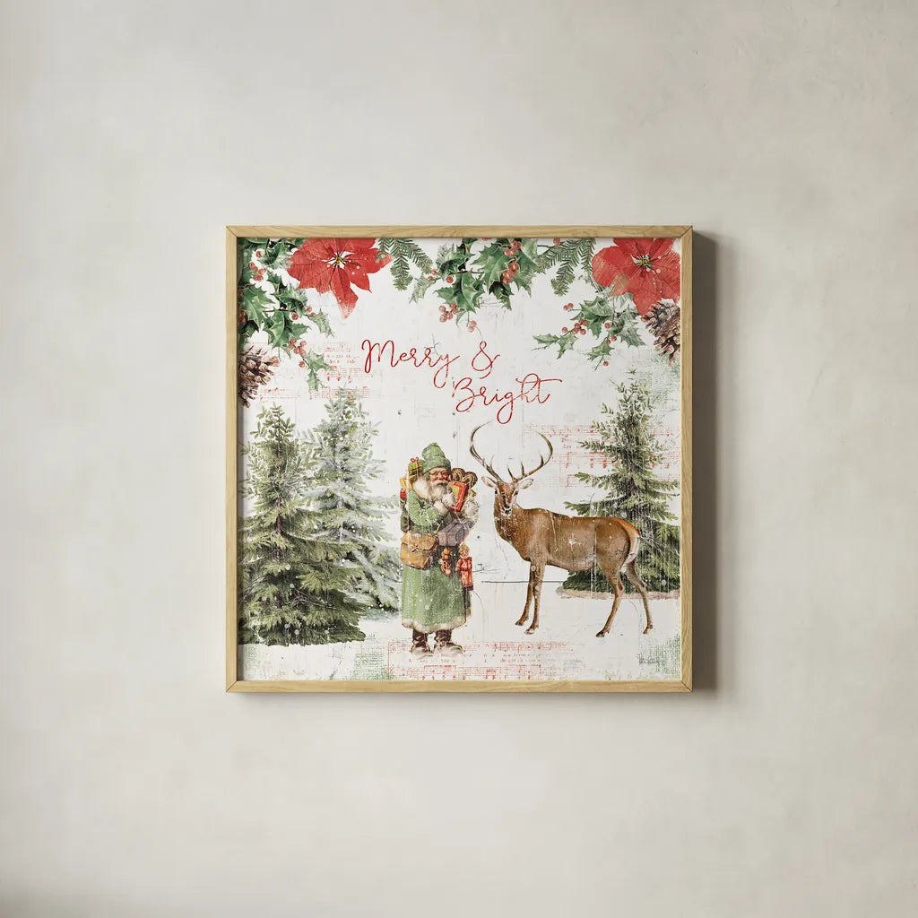 Wooded Holiday III by Katie Pertiet. Shown in a natural wood glass frame for a timeless modern aesthetic. Available as an archival giclee rolled canvas, fine art paper, or poster print. SKU 52257a.