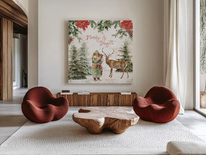 Wooded Holiday III by Katie Pertiet. Shown as extra-large giant wall art in a modern living room. Available as an archival giclee rolled canvas, fine art paper, or poster print. SKU 52257a.