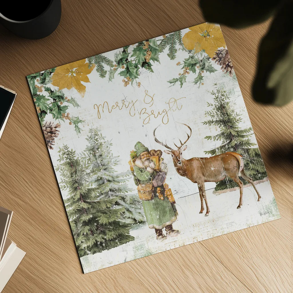 Wooded Holiday III Gold by Katie Pertiet. Shown as a detailed flat fine art print, highlighting archival giclee quality. Available as an archival giclee rolled canvas, fine art paper, or poster print. SKU 57735a.