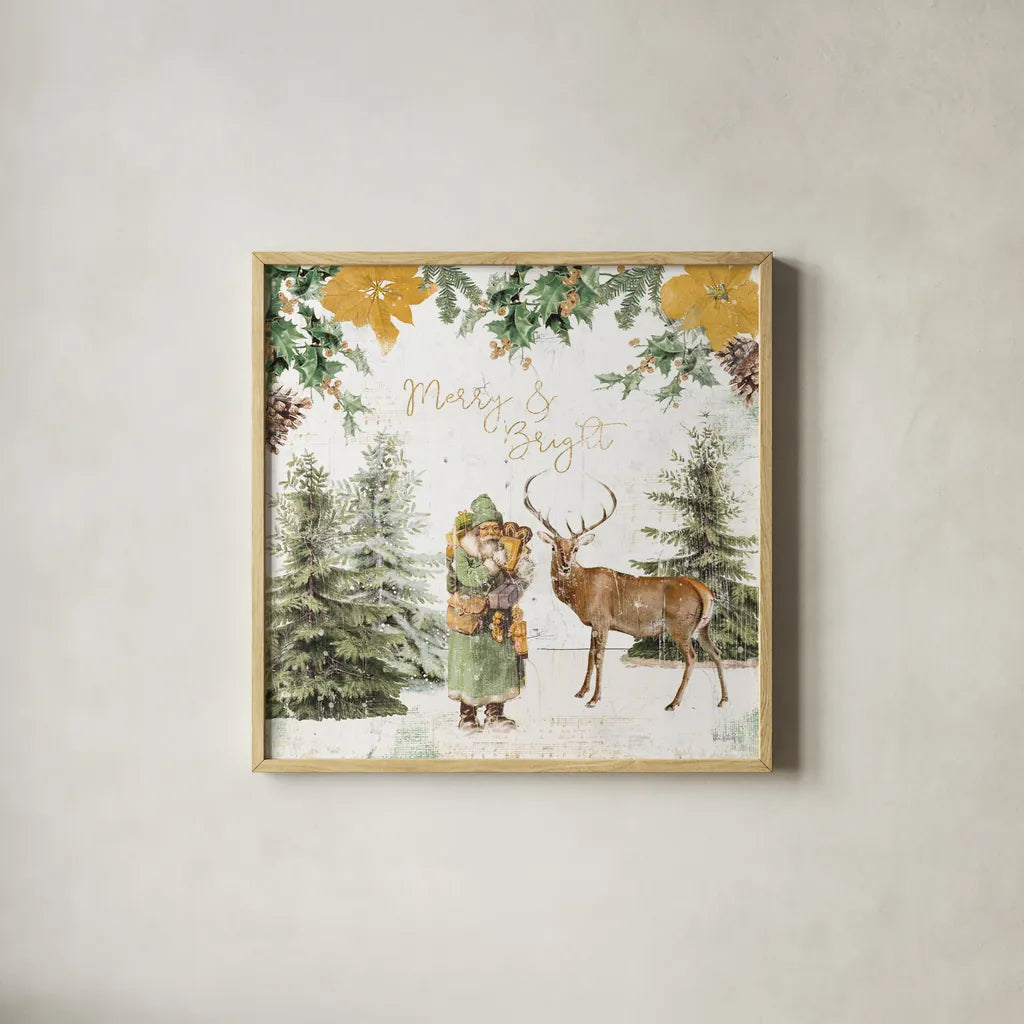 Wooded Holiday III Gold by Katie Pertiet. Shown in a natural wood glass frame for a timeless modern aesthetic. Available as an archival giclee rolled canvas, fine art paper, or poster print. SKU 57735a.