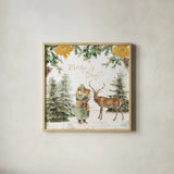 Wooded Holiday III Gold by Katie Pertiet. Shown in a natural wood glass frame for a timeless modern aesthetic. Available as an archival giclee rolled canvas, fine art paper, or poster print. SKU 57735a.