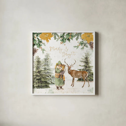 Wooded Holiday III Gold by Katie Pertiet. Shown in a crisp white glass frame for a clean and minimalist style. Available as an archival giclee rolled canvas, fine art paper, or poster print. SKU 57735a.