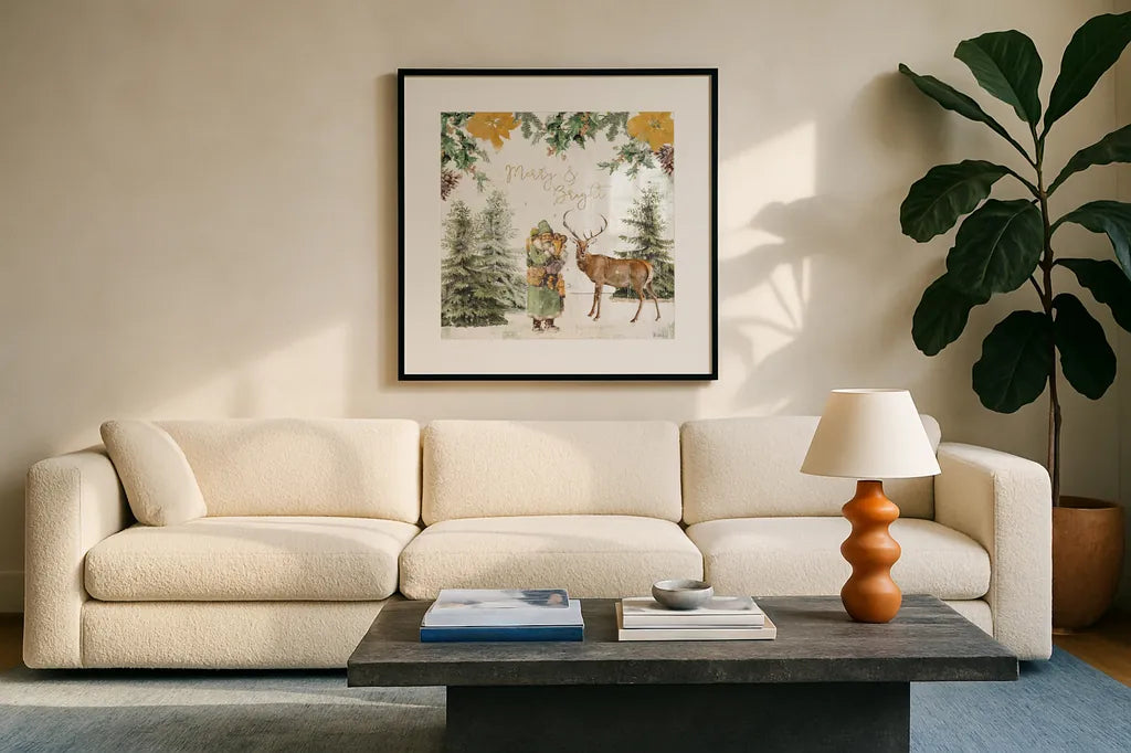 Wooded Holiday III Gold by Katie Pertiet. Displayed in a glass frame with matte in a clean modern living room. Available as an archival giclee rolled canvas, fine art paper, or poster print. SKU 57735a.