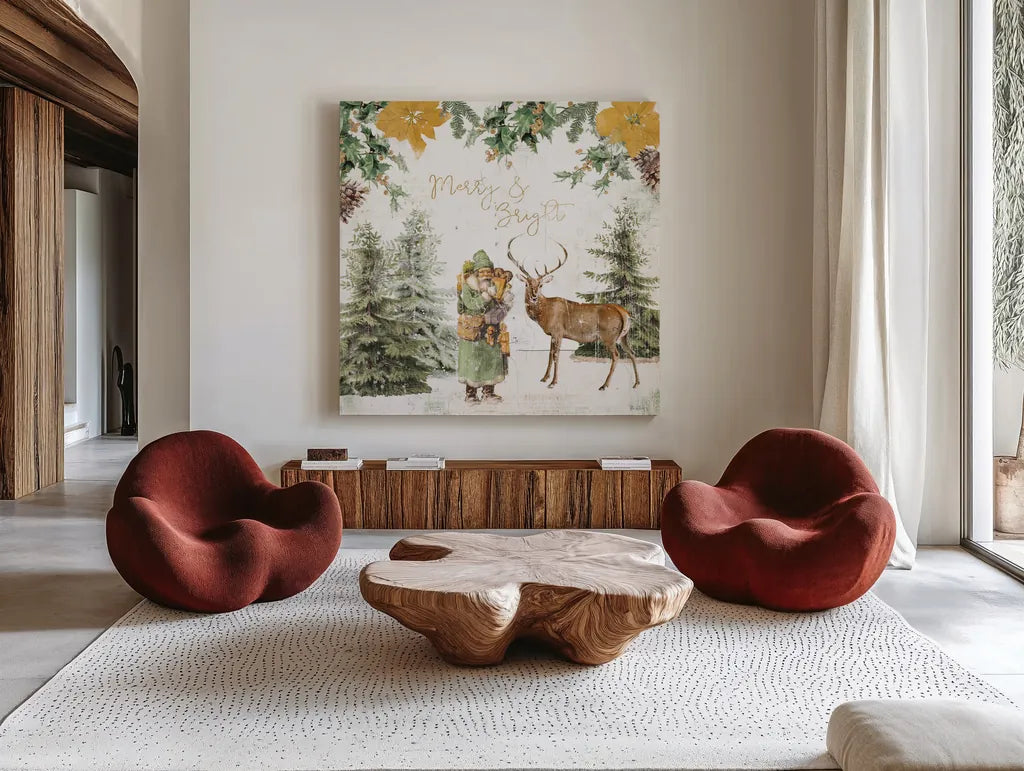 Wooded Holiday III Gold by Katie Pertiet. Shown as extra-large giant wall art in a modern living room. Available as an archival giclee rolled canvas, fine art paper, or poster print. SKU 57735a.