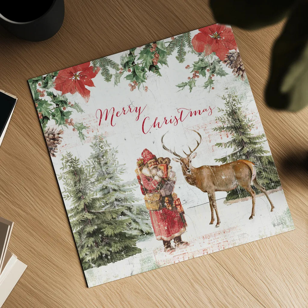 Wooded Holiday III Merry Christmas by Katie Pertiet. Shown as a detailed flat fine art print, highlighting archival giclee quality. Available as an archival giclee rolled canvas, fine art paper, or poster print. SKU 58378a.