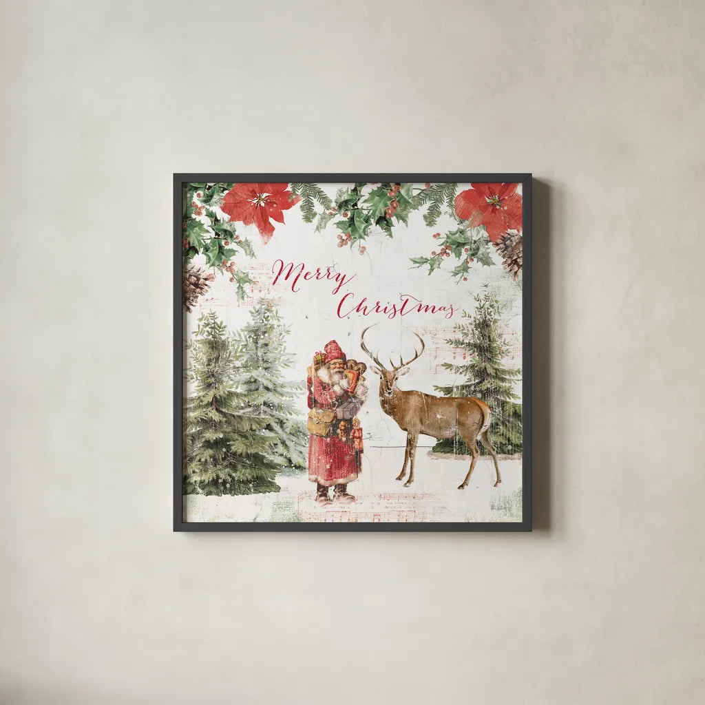 Wooded Holiday III Merry Christmas by Katie Pertiet. Shown in a sleek black glass frame for a contemporary gallery look. Available as an archival giclee rolled canvas, fine art paper, or poster print. SKU 58378a.
