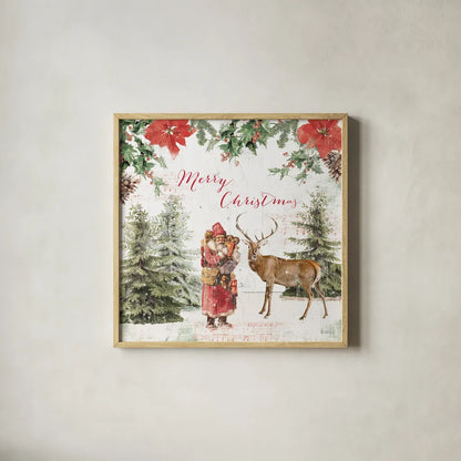 Wooded Holiday III Merry Christmas by Katie Pertiet. Shown in a natural wood glass frame for a timeless modern aesthetic. Available as an archival giclee rolled canvas, fine art paper, or poster print. SKU 58378a.