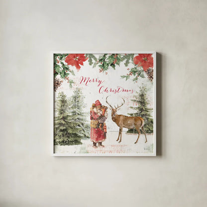 Wooded Holiday III Merry Christmas by Katie Pertiet. Shown in a crisp white glass frame for a clean and minimalist style. Available as an archival giclee rolled canvas, fine art paper, or poster print. SKU 58378a.