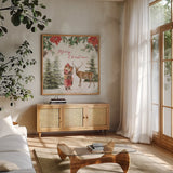 Wooded Holiday III Merry Christmas by Katie Pertiet. Shown in a natural wood frame in a cozy modern living room. Available as an archival giclee rolled canvas, fine art paper, or poster print. SKU 58378a.
