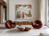 Wooded Holiday III Merry Christmas by Katie Pertiet. Shown as extra-large giant wall art in a modern living room. Available as an archival giclee rolled canvas, fine art paper, or poster print. SKU 58378a.