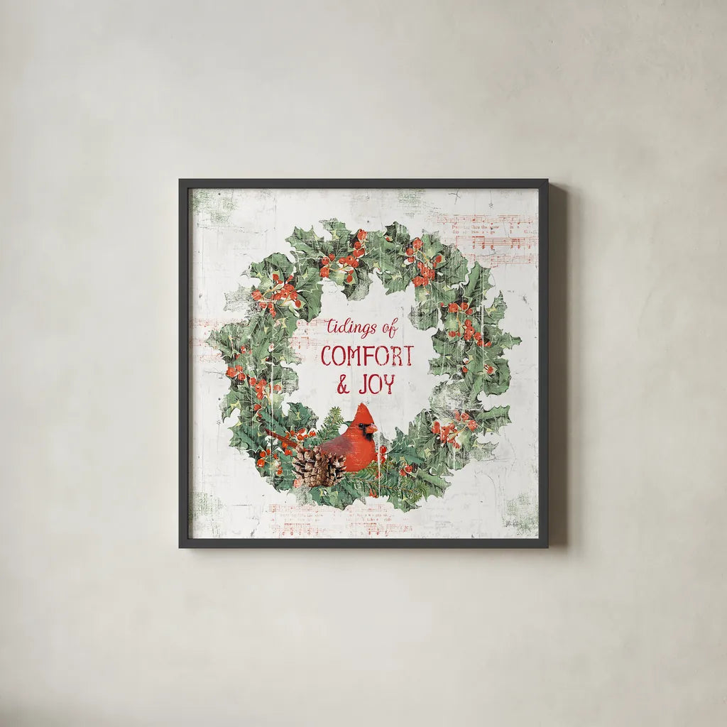 Wooded Holiday IV by Katie Pertiet. Shown in a sleek black glass frame for a contemporary gallery look. Available as an archival giclee rolled canvas, fine art paper, or poster print. SKU 52258a.