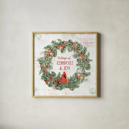 Wooded Holiday IV by Katie Pertiet. Shown in a natural wood glass frame for a timeless modern aesthetic. Available as an archival giclee rolled canvas, fine art paper, or poster print. SKU 52258a.