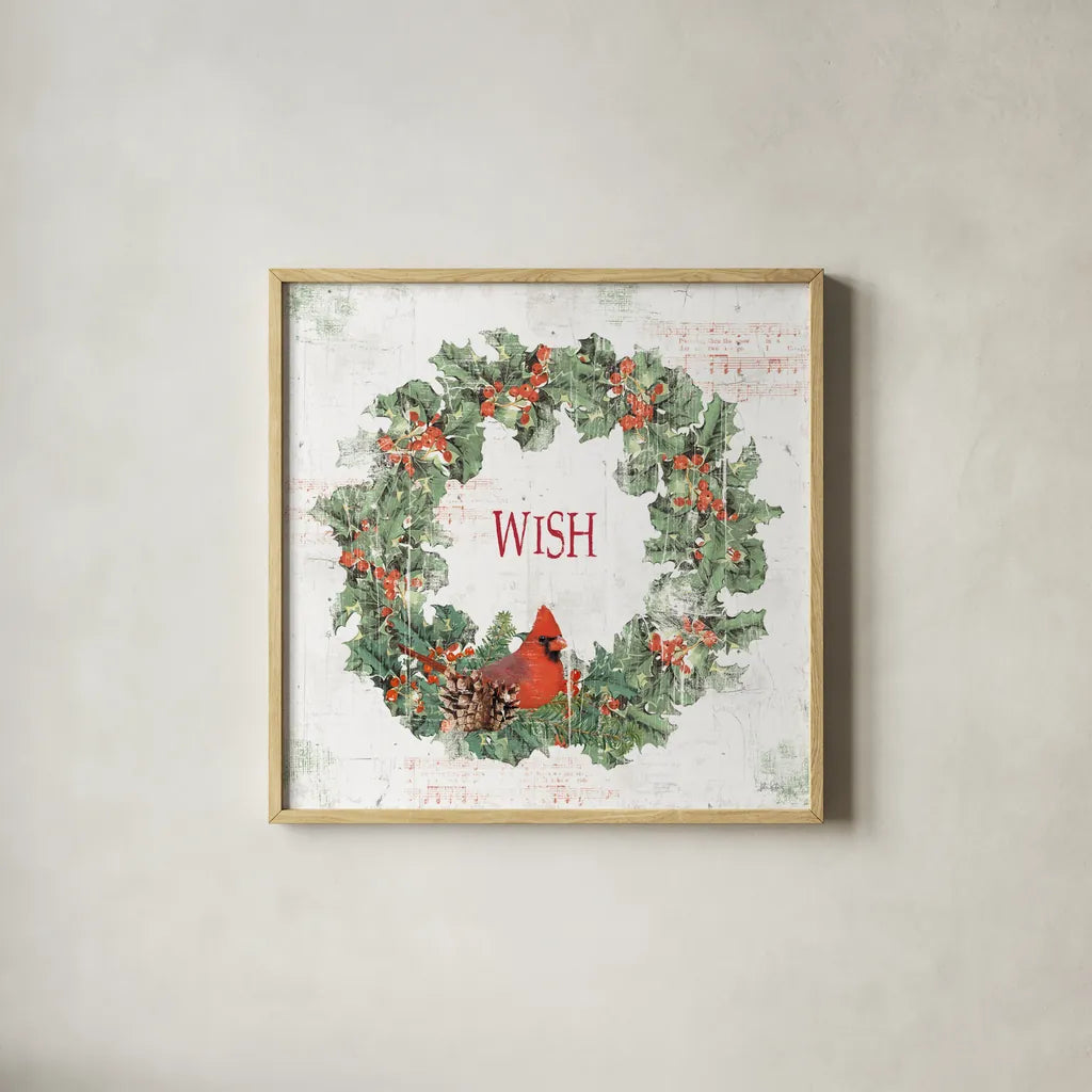 Wooded Holiday IV Wish by Katie Pertiet. Shown in a natural wood glass frame for a timeless modern aesthetic. Available as an archival giclee rolled canvas, fine art paper, or poster print. SKU 59014a.
