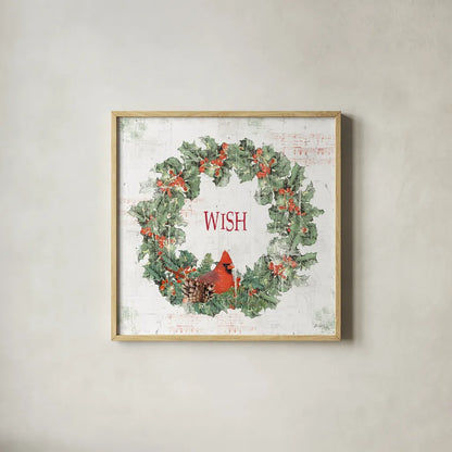 Wooded Holiday IV Wish by Katie Pertiet. Shown in a natural wood glass frame for a timeless modern aesthetic. Available as an archival giclee rolled canvas, fine art paper, or poster print. SKU 59014a.