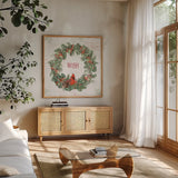 Wooded Holiday IV Wish by Katie Pertiet. Shown in a natural wood frame in a cozy modern living room. Available as an archival giclee rolled canvas, fine art paper, or poster print. SKU 59014a.