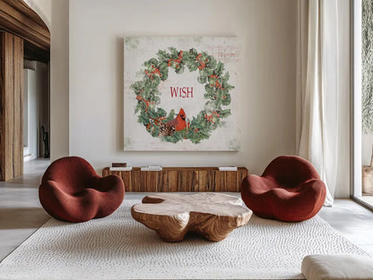 Wooded Holiday IV Wish by Katie Pertiet. Shown as extra-large giant wall art in a modern living room. Available as an archival giclee rolled canvas, fine art paper, or poster print. SKU 59014a.