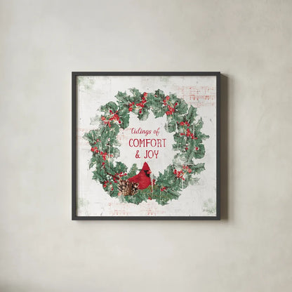 Wooded Holiday IV v2 by Katie Pertiet. Shown in a sleek black glass frame for a contemporary gallery look. Available as an archival giclee rolled canvas, fine art paper, or poster print. SKU 58379a.