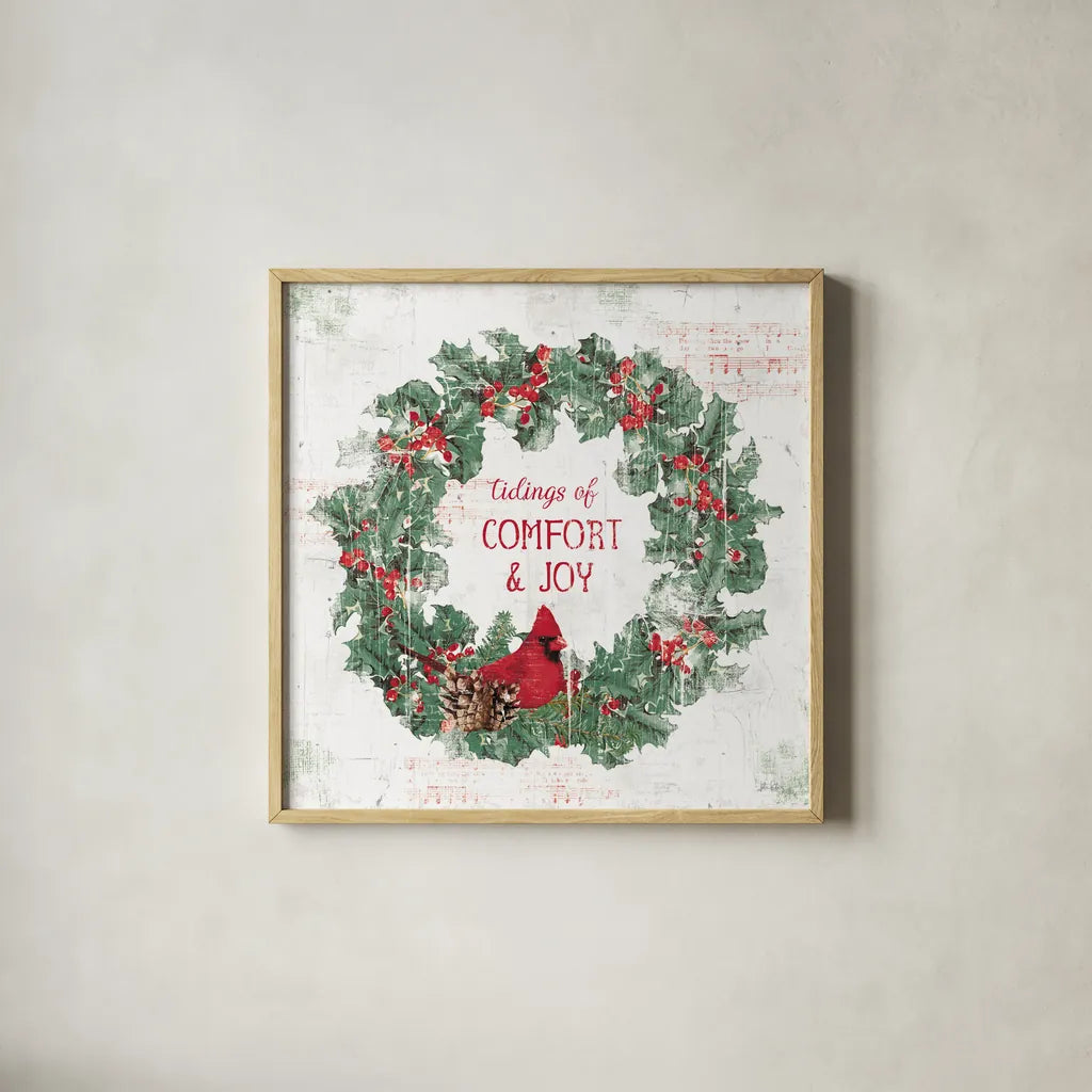 Wooded Holiday IV v2 by Katie Pertiet. Shown in a natural wood glass frame for a timeless modern aesthetic. Available as an archival giclee rolled canvas, fine art paper, or poster print. SKU 58379a.