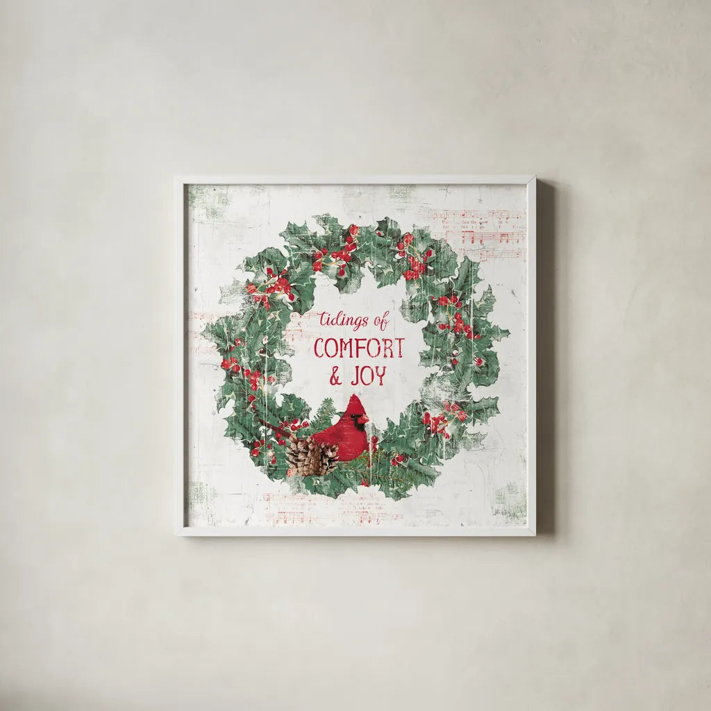 Wooded Holiday IV v2 by Katie Pertiet. Shown in a crisp white glass frame for a clean and minimalist style. Available as an archival giclee rolled canvas, fine art paper, or poster print. SKU 58379a.