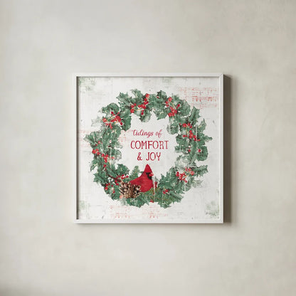 Wooded Holiday IV v2 by Katie Pertiet. Shown in a crisp white glass frame for a clean and minimalist style. Available as an archival giclee rolled canvas, fine art paper, or poster print. SKU 58379a.