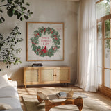 Wooded Holiday IV v2 by Katie Pertiet. Shown in a natural wood frame in a cozy modern living room. Available as an archival giclee rolled canvas, fine art paper, or poster print. SKU 58379a.