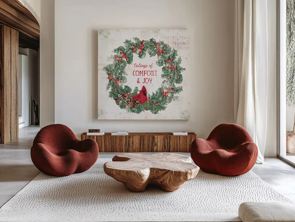Wooded Holiday IV v2 by Katie Pertiet. Shown as extra-large giant wall art in a modern living room. Available as an archival giclee rolled canvas, fine art paper, or poster print. SKU 58379a.