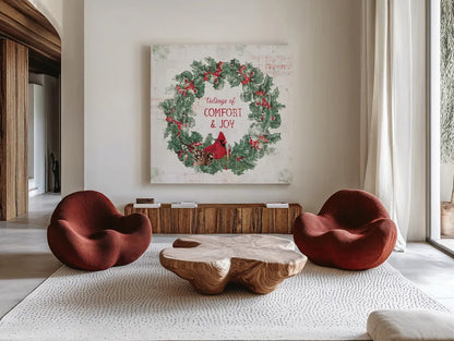 Wooded Holiday IV v2 by Katie Pertiet. Shown as extra-large giant wall art in a modern living room. Available as an archival giclee rolled canvas, fine art paper, or poster print. SKU 58379a.
