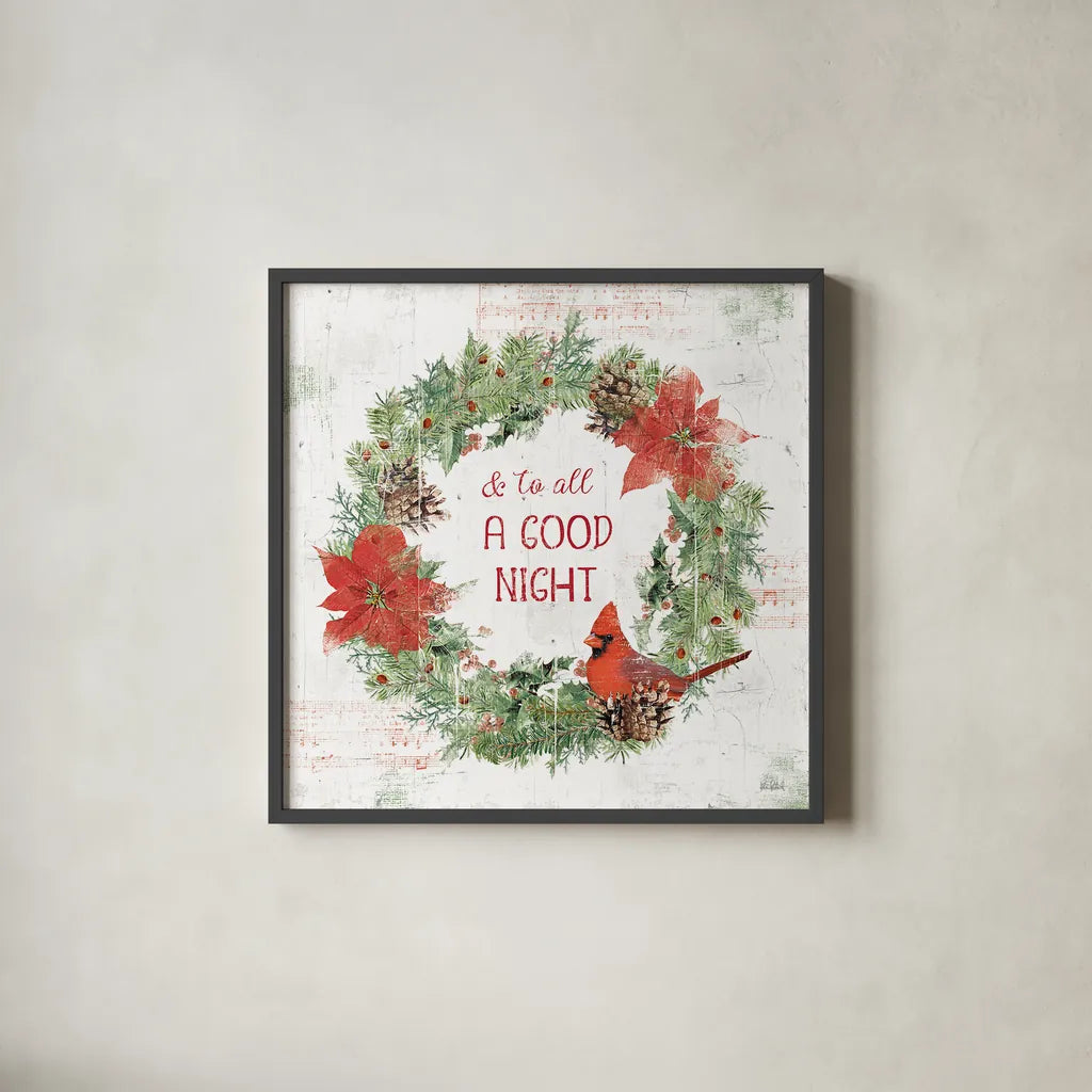 Wooded Holiday V by Katie Pertiet. Shown in a sleek black glass frame for a contemporary gallery look. Available as an archival giclee rolled canvas, fine art paper, or poster print. SKU 52259a.