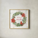 Wooded Holiday V Christmas by Katie Pertiet. Shown in a natural wood glass frame for a timeless modern aesthetic. Available as an archival giclee rolled canvas, fine art paper, or poster print. SKU 75571a.
