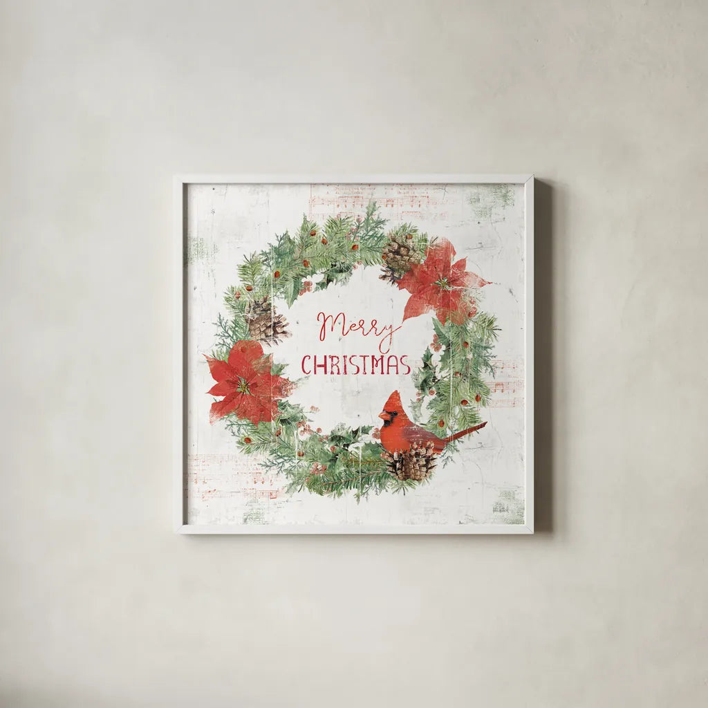 Wooded Holiday V Christmas by Katie Pertiet. Shown in a crisp white glass frame for a clean and minimalist style. Available as an archival giclee rolled canvas, fine art paper, or poster print. SKU 75571a.