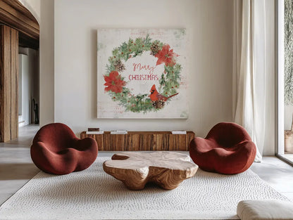 Wooded Holiday V Christmas by Katie Pertiet. Shown as extra-large giant wall art in a modern living room. Available as an archival giclee rolled canvas, fine art paper, or poster print. SKU 75571a.
